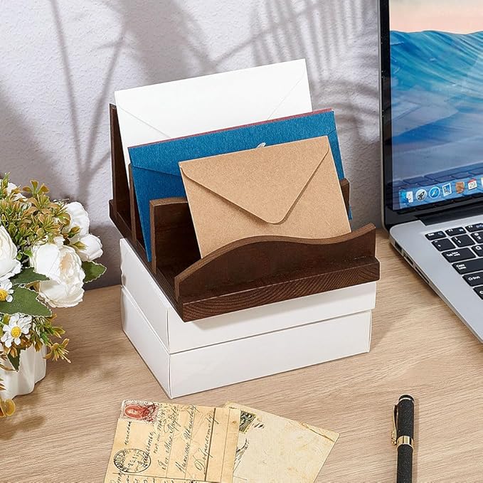 CUTHOLLOW Desk Mail Organizer Sorter, Wooden Mail Holder with 3-Slot Letter Tray for Envelopes, Bills, and Files, Countertop Desktop Organizer for Home Office (6.3"L × 6.3"W × 4.29"H)