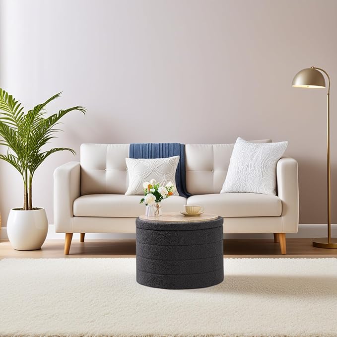 22 Inch Round Boucle Ottoman with Storage, Sherpa Teddy Fabric Ottoman Footstool, Folding Storage Foot Rest for Bedroom, Living Room Dorm, Darkgrey