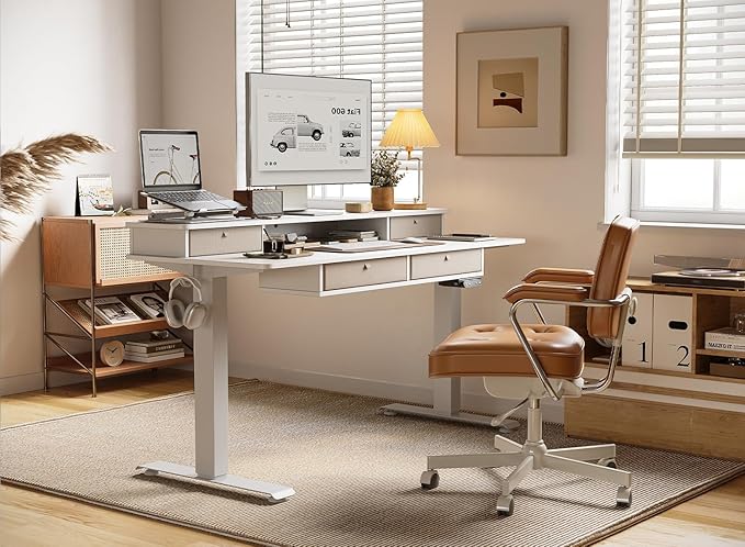 BANTI Height Adjustable Electric Standing Desk with 4 Drawers, 48 x 24 Inch Table with Storage Shelf, Sit Stand Desk, White Top