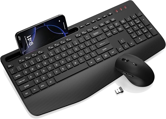 Wireless Keyboard and Mouse Combo - Full-Sized Ergonomic Keyboard with Wrist Rest, Phone Holder, Sleep Mode, 2.4G Quiet Keyboard for PC Laptop, Complete Work Setup for Office or Home -Trueque KM23