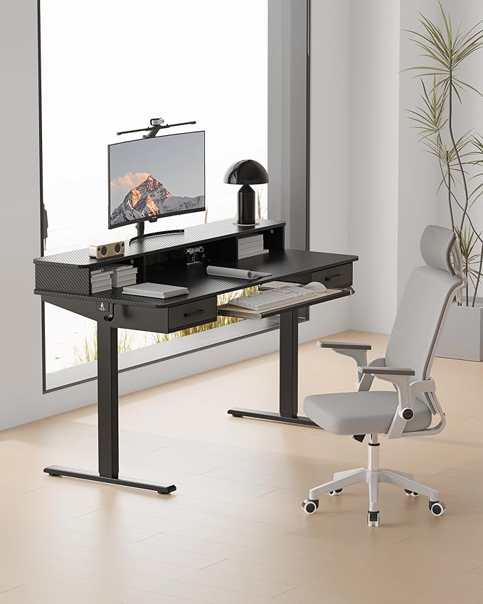 Electric Standing Desk with Keyboard Tray, 55x24 Inches Height Adjustable Stand up Desk with 2 Drawers, Ergonomic Sit to Stand Table with Storage Monitor Stand, Black