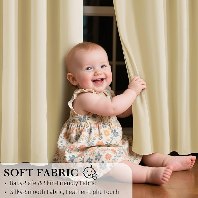 RYB HOME Extra Wide 100% Blackout Patio Door Curtain 96 inch Long, Grommet Room Darkening Room Divider Drapes, Sliding Door Curtains for Living Room/Bedroom Large Window, Beige, W100 x L96