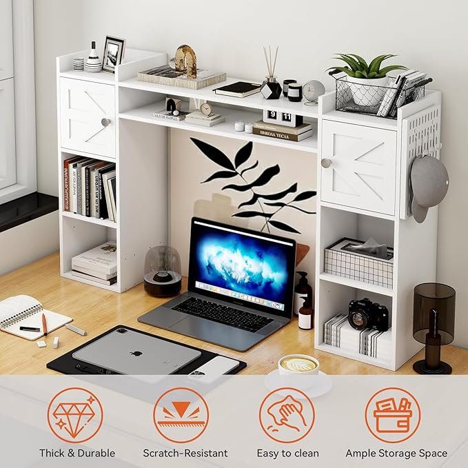 ELECWISH Desktop Bookshelf, Desk Hutch with Drawer for Computer Desk, 45.3" 8-Tier Adjustable Desktop Shelf Organizer with Pegboard for Home Office, Oak