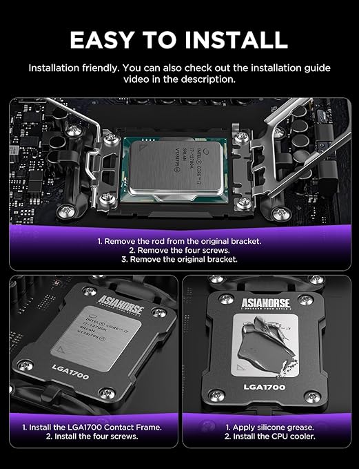 AsiaHorse LGA 1700 CPU Contact Frame, 100% Flush Anti-Bending Secure Frame for Intel CPU, High-Strength Metal Construction Compatible with H610/B660/Z690/Z790 Motherboards, Enhances Cooling Efficiency