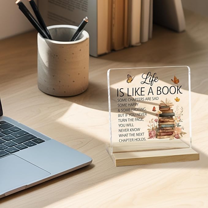 Inspirational Book Lover Desk Decor Sign, Reading Room Decor Acrylic Plaque, Bookcase Decor