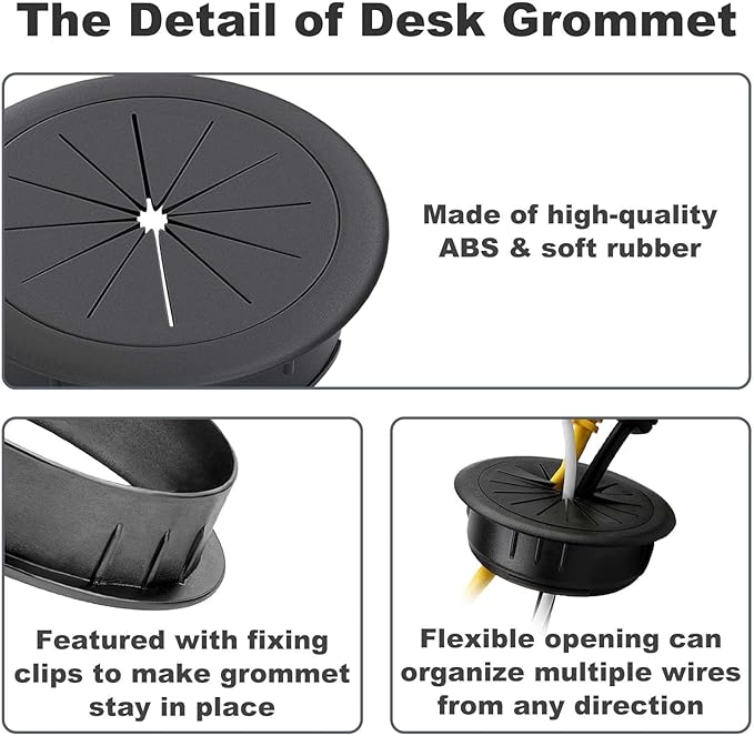 2 Pack 2 Inch Flexible Desk Grommet, ABS Cable Hole Cover for Home Office Table Wire & Cord Management- Black