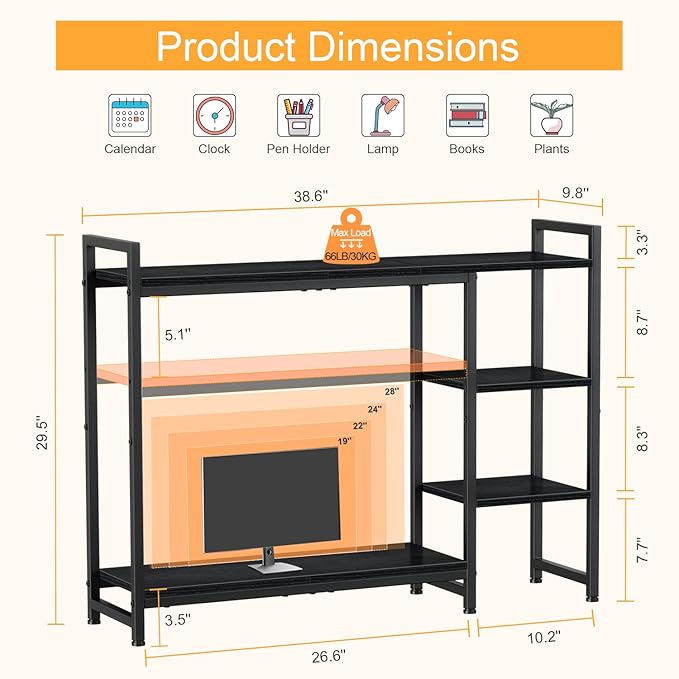 Snughome Desk Shelf, 38.6" Adjustable Desktop Organizer Shelf, Desk Hutch for Computer Monitor Stands, 4 Tier Desktop Display Rack, Wood Desktop Bookshelf Storage Rack for Home Office Dorm, Black