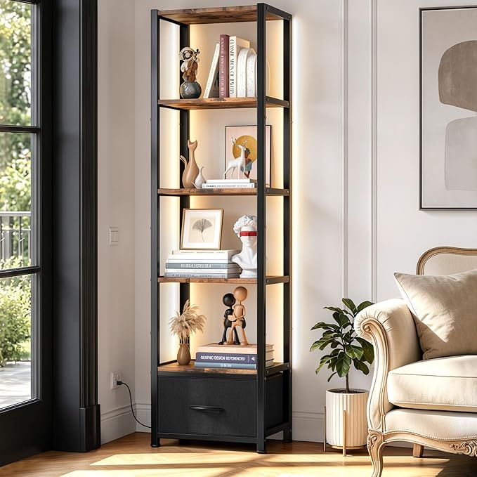Housolution 6 Tier Bookshelf with LED Light, 60.6" Tall Narrow Corner Shelf Stand with Fabric Drawer, Bookcase Storage Organizer, Industrial Display Standing Shelf Unit for Living Room, Rustic Brown