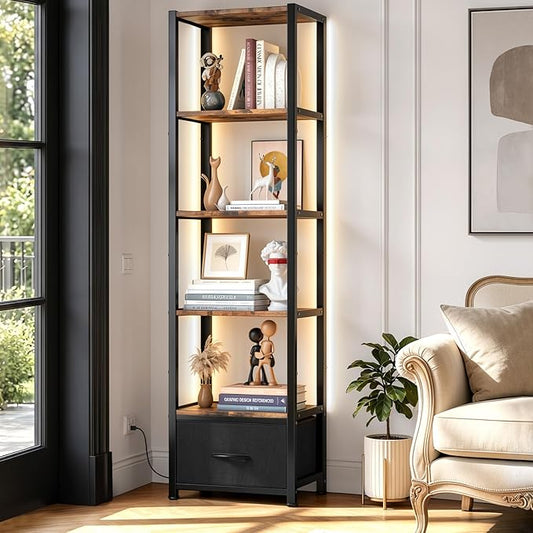 Housolution 6 Tier Bookshelf with LED Light, 60.6" Tall Narrow Corner Shelf Stand with Fabric Drawer, Bookcase Storage Organizer, Industrial Display Standing Shelf Unit for Living Room, Rustic Brown