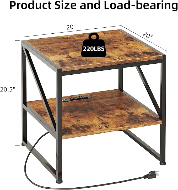 Mexin End Table with Charging Station, 20 Inch Square Printer Stand with USB Ports & Power Outlets, Mini Fridge Stand with 2-Tier Storage Shelf Adjustable, Industrial Wood Nightstand for Small Spaces