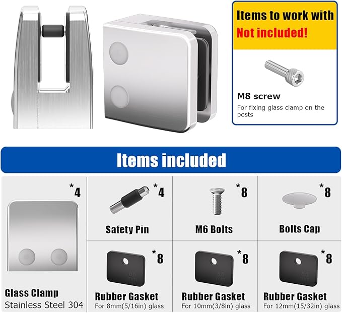 Glass Clamp,4PCS Stainless Steel 304 Brushed Glass Holder Shelf Bracket for 5/16 "-1/2" Thick for Railing, Stairs Holder
