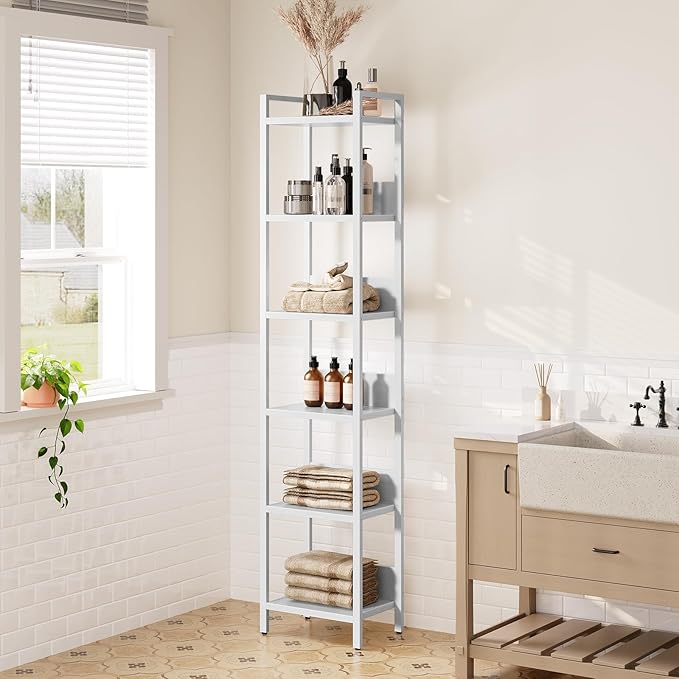 MAHANCRIS Bookshelf, 6-Tier Bookcase, Standing Book Shelf for Small Space, Storage Shelf Organizer, for Living Room, Bedroom, Study, Balcony, White BKBW6601