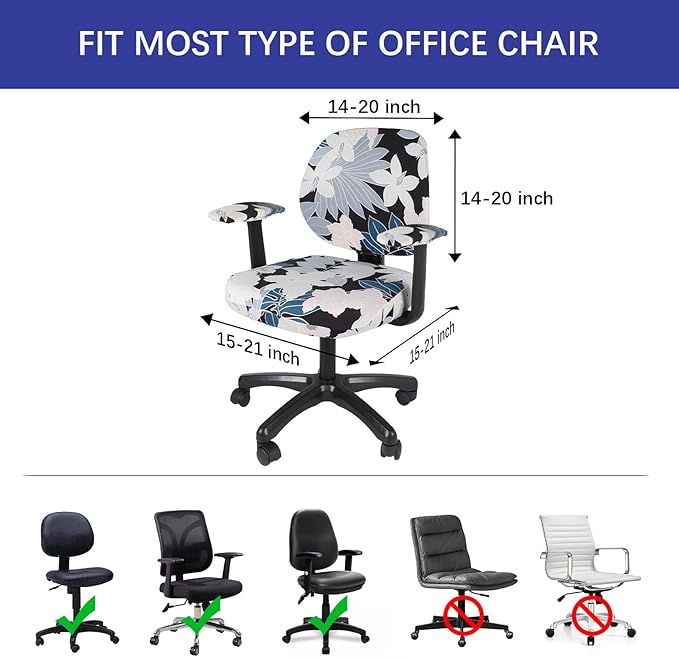 WOMACO Office Computer Chair Cover with Armrest Covers, Stretch Universal Rotating Rolling Desk Chair Slipcover, 4 PCS Stretchable Office Chair Seat Protector (Leaves and Flowers, with Armrest Covers)