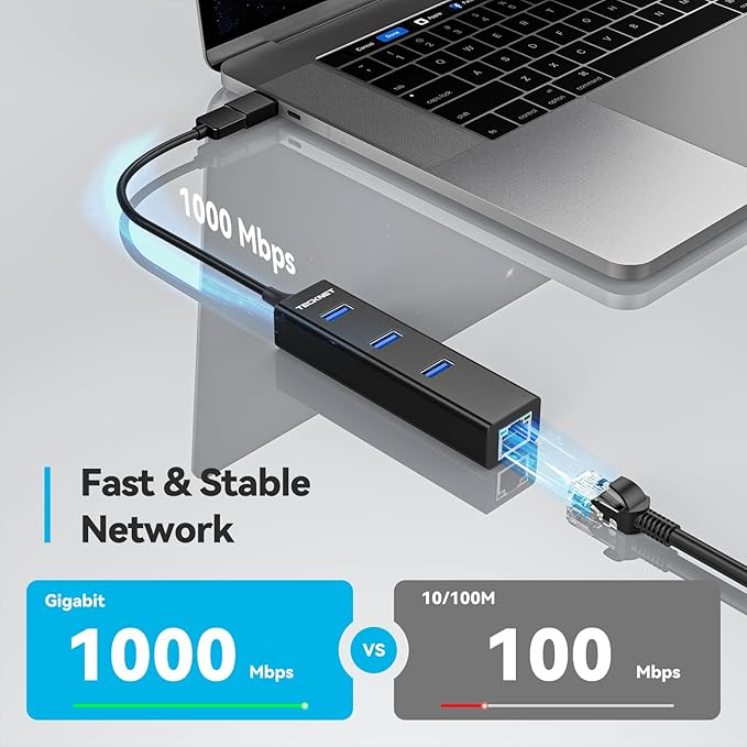 TECKNET USB C to Ethernet, Aluminum 3 Port USB 3.0 Hub with RJ45 10/100/1000 Gigabit Ethernet Adapter Converter LAN Wired Network Adapter for Laptop