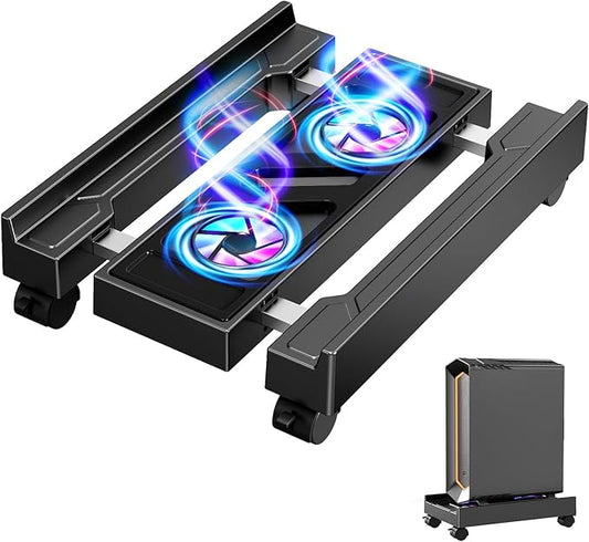 Adjustable CPU Holder with Cooling Fan and RGB Light,Mobile CPU Holder with 4 Rolling Casters, Under Desk Computer Tower Stand PC Floor Cart PC Riser for Office, Home (with Fan)