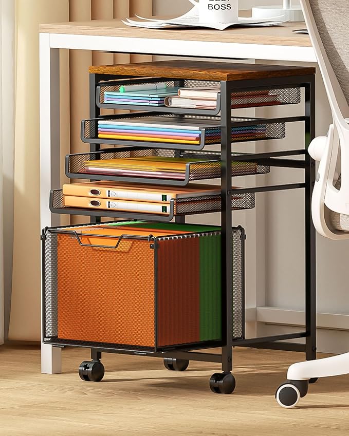 Feyejade Rolling File Cart 5-Tier, Under Desk Storage with Drawers, Filing Cabinet for Letter-Size File Storage, Sliding Metal Mesh Trays for Binder Storage, Office Storage & Organization for Teachers