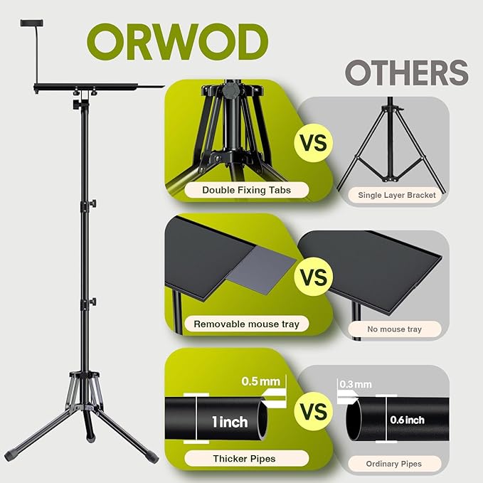 Projector Stand Laptop Tripod - Portable Tripod Adjustable Height 20 to 60 Inch, Projector Stand with Gooseneck Phone Holder ＆ Mouse Tray, Laptop Floor Stand for Podium, Studio, DJ Racks