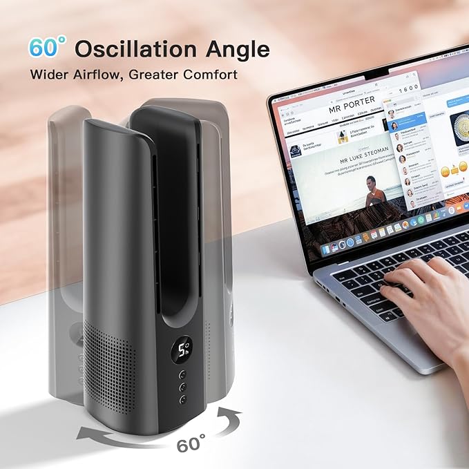 13 Inch Desk Fan, Portable Bladeless Fan, Small Quiet Table Fan with 60°Oscillating, 5 Speeds & 9H Timer, LED Display, Button Control, Easy to Clean, Personal Desktop Fan for Bedroom, Office, Home