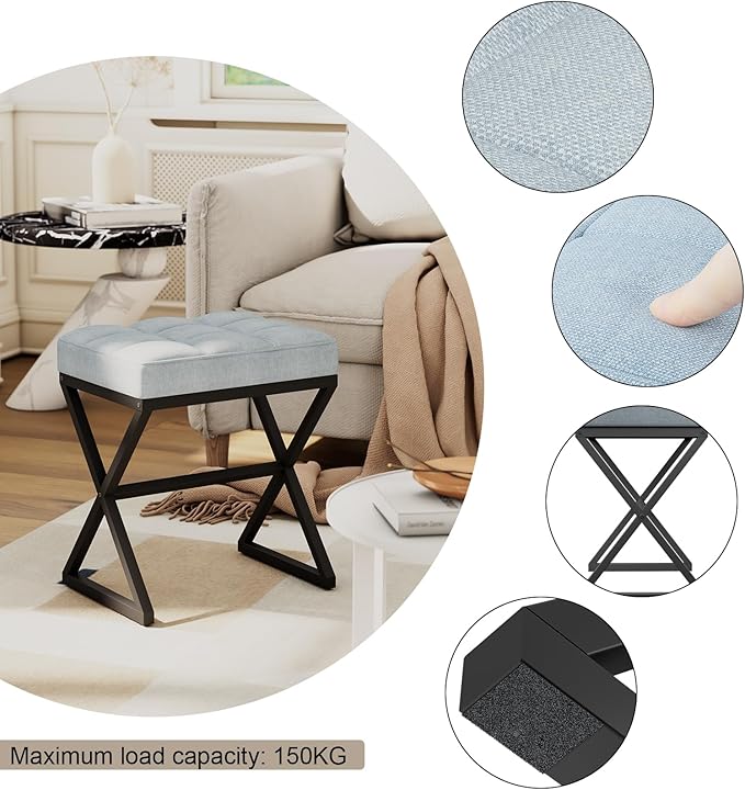 YMYNY Vanity Stool, Linen Footrest Stool, Ottoman Bench with X-Shaped Metal Legs, Makeup Dressing Stool for Vanity, Living Room, Bedroom, Entryway, Hallways 15.74"D×11.81"W×18.11"H Blue Gray UHBD033L