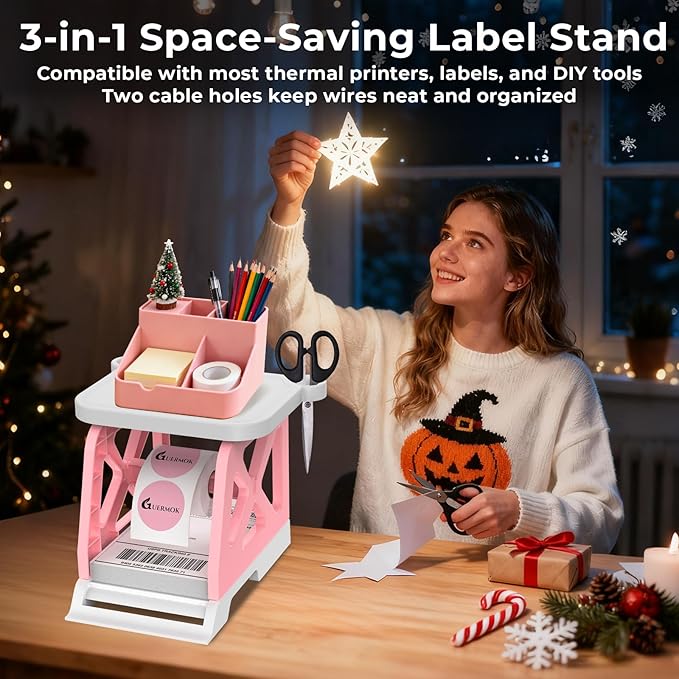Guermok 3-in-1 Thermal Label Holder Stand for Printer Desk Organizer for Roll & Fan-Fold Labels, Cable Management, Easy Assembly for Home, Office, Retail & Small Business Pink