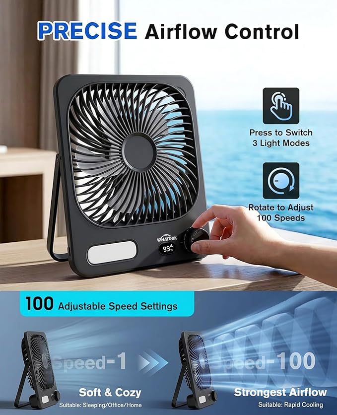 WHATOOK Small Desk Fan Rechargeable - 10000mAh Battery Operated Portable Fan with 100 Speeds & Night Light, Ultra Quiet Personal Desktop Fan for Bedroom, Office, Camping & RV Tent (Black)
