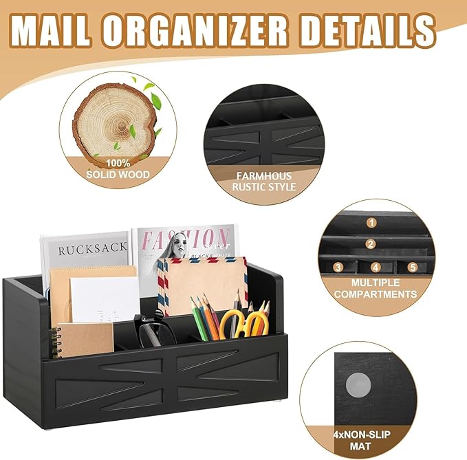 Mail Organizer Countertop, Wood Mail Holder Sorter for Desk, Rustic Bill Storage Organizer Box, Office Letter Basket for Document File Folder Paper Envelope