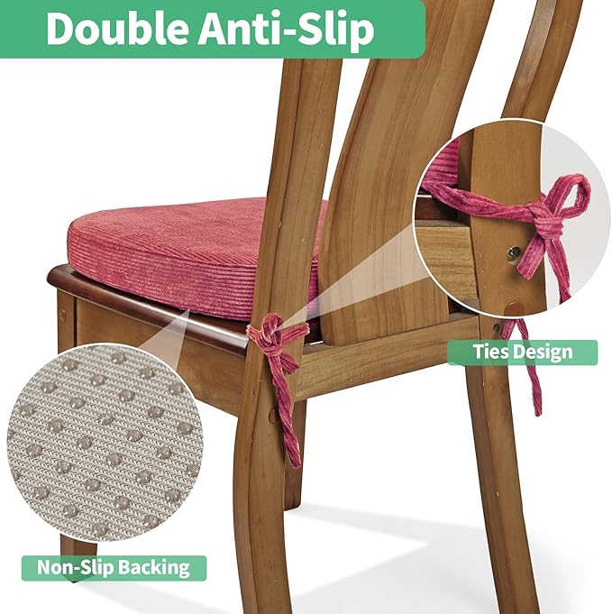2.5" Thick Chair Cushions for Dining Chair, Corduroy High Density Foam Kitchen Chair Pads, U Shaped Indoor Seat Cushions with Ties & Non-Slip Backing, Washable Cover, 17''x16.5'', Pink