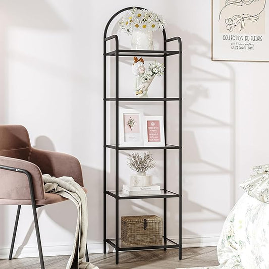 Hzuaneri Bookcase Bookshelf, Tempered Glass Bookshelves, Slim Shelving Unit for Bedroom, Bathroom, Home Office, Steel Frame, 5 Tier Black BC05001B