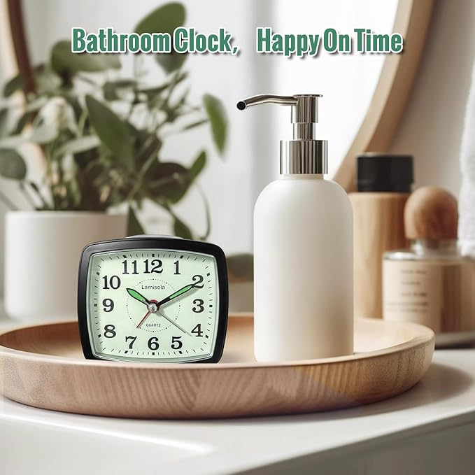 Lamisola Small Battery Alarm Clock for Bedrooms, Analog Travel Clocks, Bedside Desk Table Clock for Room Decor, Slient, Big Numbers for Seniors, Gently Ascending Alarm for Heavy Sleepers, Black