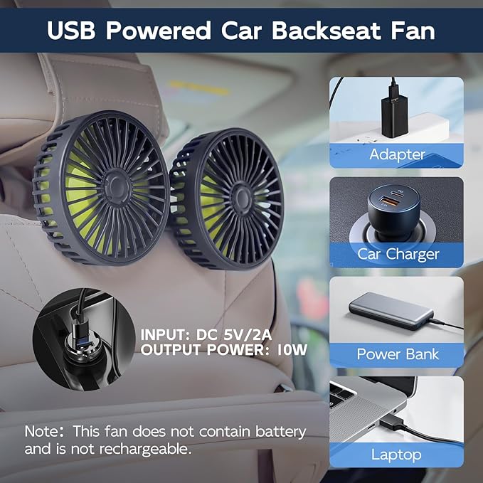 XOOL Car Fans for Backseat Kids- Dual Head USB Cooling Car Fan, 360° Rotatable Car Rear Headrest Fan, Car Seat Fan with Adjustable Clip for SUV RV Vehicles Truck