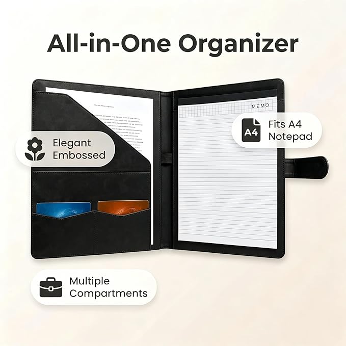 Portfolio Padfolio Binder, Faux Leather Professional Document Organizer with Business Card Holder, Letter-Sized Notepad Legal Pad Holder, Durable Executive Folder for Interviews, Meeting (Black)