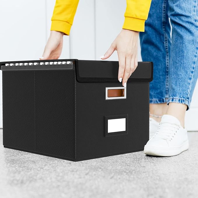 Portable Leather File Organizer Boxes with Lids, Office Document Boxes Organizer, Filing Boxes, Decorative Small File Boxes for Hanging Files with Plastic Slide for Office/Decor/Home
