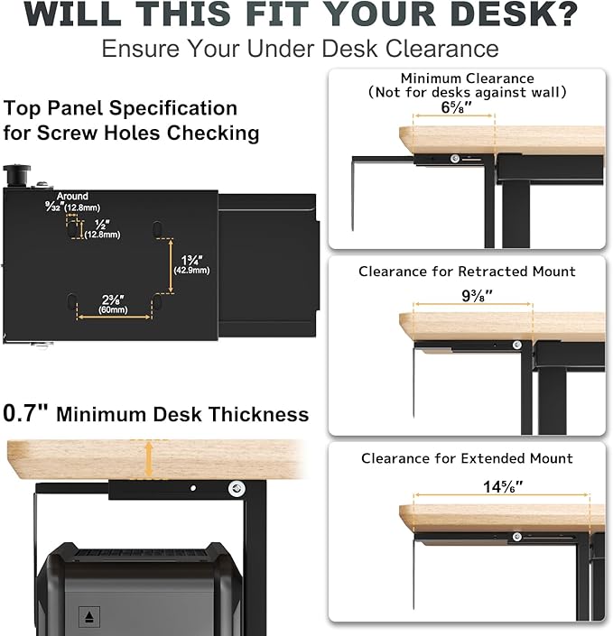 Under-Desk PC Mount - Adjustable PC Tower Holder 8 1/4"-12 15/16" inch Wide, Supports CPU up to 50 lbs, Steel Computer Case Bracket with Protective Padding, Black