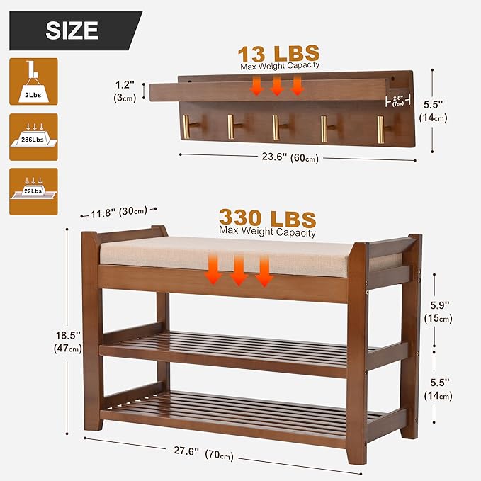 PETKABOO Shoe Rack for Front Door Entrance, 28” Entryway Bench with Coat Rack, Hall Tree Shoe Bench with Storage for Entry, Hallway, Bedroom, Living Room