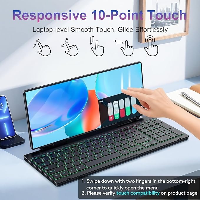 12.8" Portable Touchscreen Keyboard, Screen Extender with Silent Keyboard, USB-A Type-C Monitor for Laptop, Desktop, Mini PC, MacBook(Driver Need)