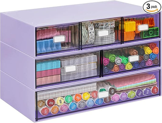 3 Tier Stackable Desk Organizer with 6 Drawers, Plastic Desktop Storage Box Drawers, Detachable Makeup Storage Office Stationery Supplies Organizer for Office School(Purple)