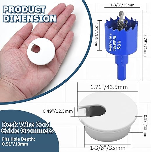 8pcs 1-3/8 Inch Desk Grommet with Drilling Hole Saw, Plastic Desk Hole Cover, White Cable Hole Cover, Desk Hole Grommet for Wire Cord Organizing Office Computer Desk