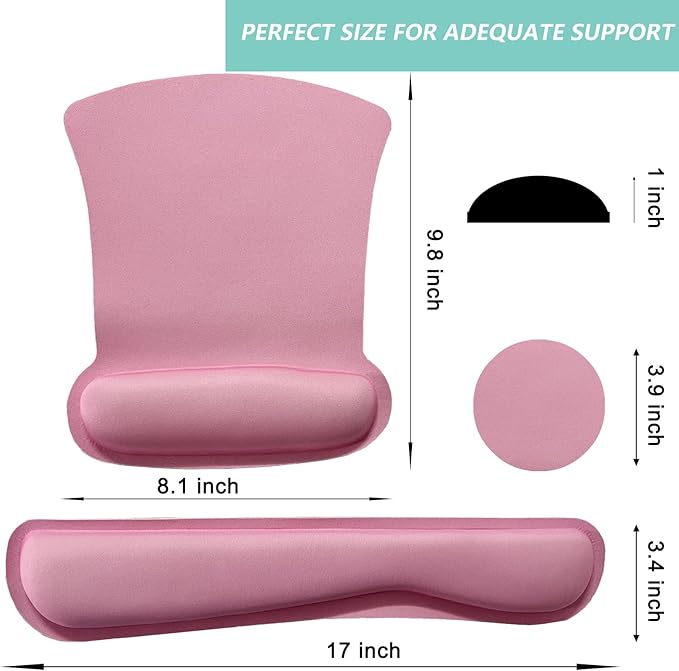 Keyboard Wrist Rest Pad Mouse Pad with Wrist Support Set of 3, Gaming Mousepad with Non-Slip Rubber Base, Ergonomic Memory Foam Mouse Cushion Support for Home Office Laptop Computer, Pink