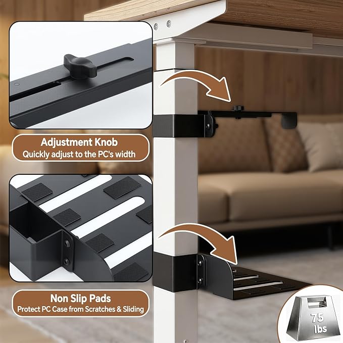 Under Desk PC Mount,65mm×45mm Leg-Specific PC Holder Under Desk,Adjustable 5.6-9.7 Inch Heavy Duty Steel CPU Support, with Non-Slip Pads,75lb Capacity Black