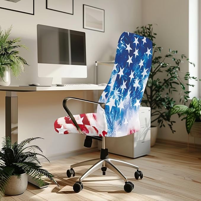 Talayituse American Flag Print Office Chair Covers, Firework Tie Dye Design Stretch Computer Chair Cover 4th of July Universal Boss Chair Covers Modern Simplism Style High Back Chair Slipcover, Large