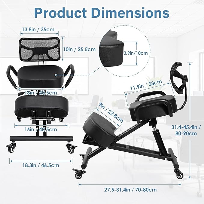 Ergonomic Kneeling Chair with Back Support, Height Adjustable Stool for Home and Office, PU Kneeling Chair for Desk to Relieve Back Discomfort, Thick Moulded Foam Cushions Brake Casters