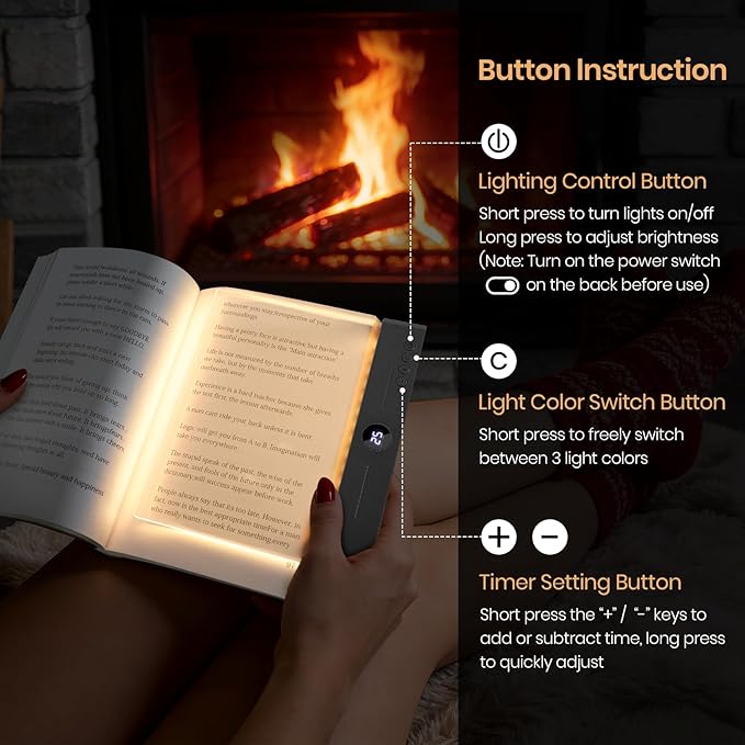 Flat Book Light, Rechargeable Clear LED Smart Reading Light with 3 Colors & Timer, Dimmable Full Page Panel Plate Lamp, Eye Protection, Portable Flat Reading Light for Bedside, Travel, Study (Black)