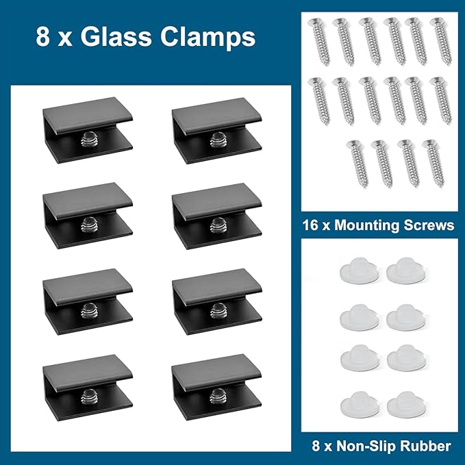 AWEN 8Pcs Square Adjustable Frameless Glass Shelf Bracket Holder, Black Heavy Duty Glass Clamp Clip Support with Screws for Wall Mounted 0.32"(8mm)-0.39"(10mm)