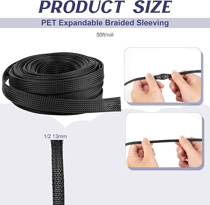 50ft 1/2 Braided Wire Loom PET Cable Loom Expandable Braided Cable Sleeving Mesh Automotive Split Wire Loom for TV, Computer, Home Theater, Black