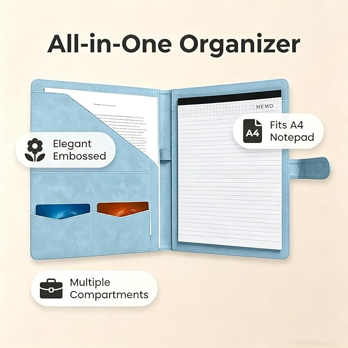 Portfolio Padfolio Binder, Faux Leather Professional Document Organizer with Business Card Holder, Letter-Sized Notepad Legal Pad Holder, Durable Executive Folder for Interviews, Meeting (Blue)