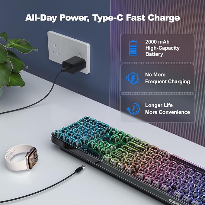 MOFII Clear Curved Ergonomic Wireless Keyboard, Tri-Mode Bluetooth5.0/2.4G/USB-C RGB Backlit Keyboard Rechargeable, Full-Size Computer Keyboards for Laptop/PC/Desktop/iPad/Smartphone/Smart TV, Black
