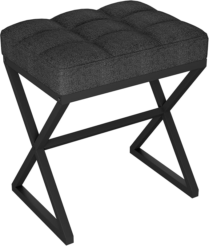YMYNY Vanity Stool, Linen Footrest Stool, Ottoman Bench with X-Shaped Metal Legs, Makeup Dressing Stool for Vanity, Living Room, Bedroom, Entryway, Hallways 15.74" D×11.81" W×18.11" H Black UHBD033B