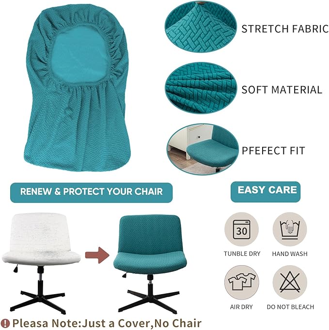 LavishCover Armless Chair Cover Office Desk Chair Cover, Waterproof and Elastic Criss Cross Chair Cover, Exquisite Vanity Chair Cover, Mid Back Wide Seat Accent Chair Covers(Peacock-Blue,T-Type)