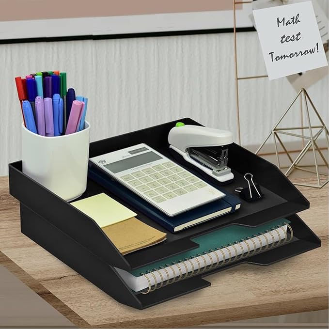 Acrimet 2 Tier Paper Organizer Letter Tray – Plastic Stackable Desk File Organizer, Side Load Paper Sorter for Letter/A4 Office File Folder Holder – Black