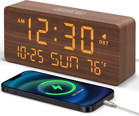 DreamSky Wooden Digital Alarm Clocks for Bedrooms - Living Room Desk Clock with Date and Day of Week, Temperature, USB Port, Dimmer Wheel, Adjustable Volume, Auto DST, Wood Decor for Office Table